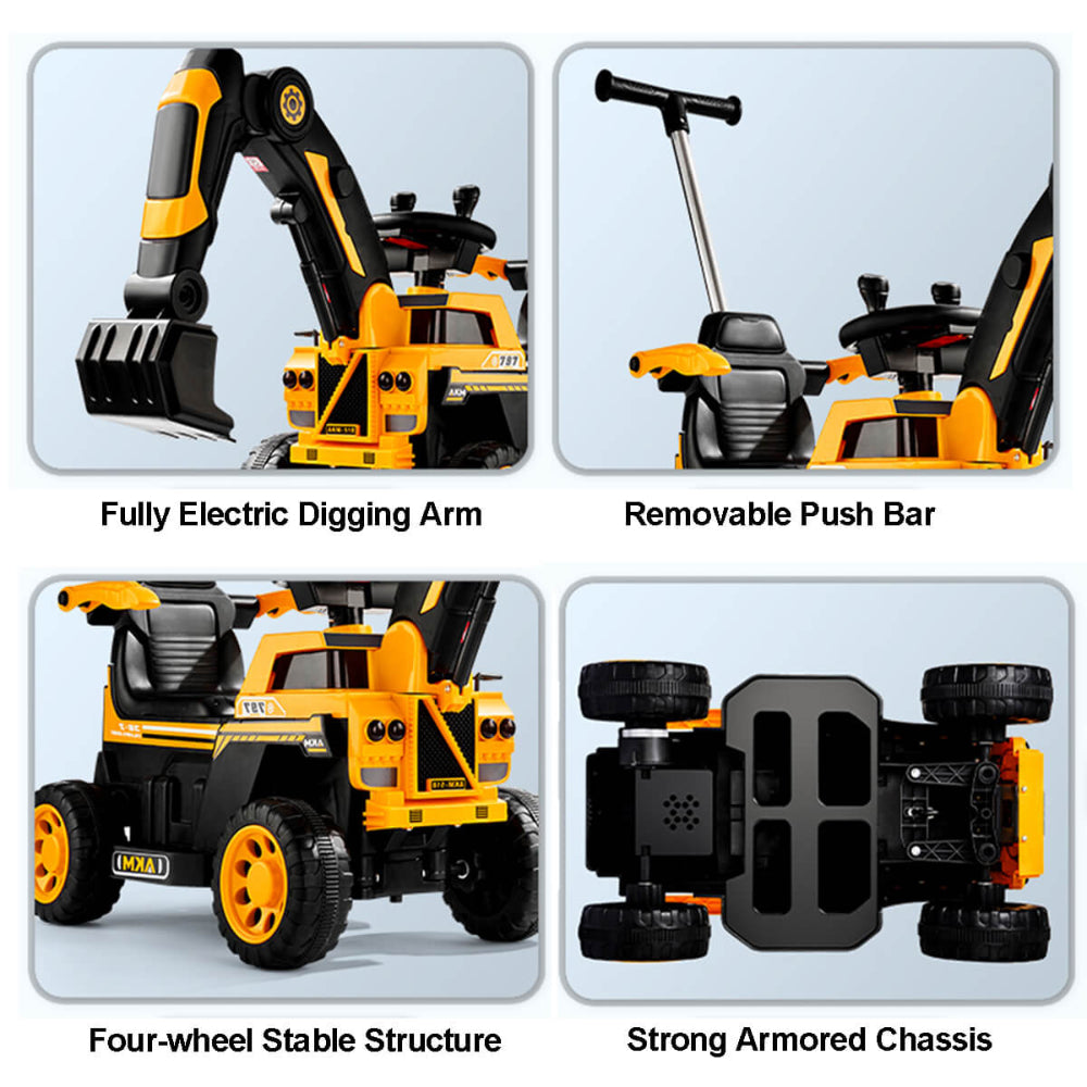 3-In-1 Toddler 6V Ride-On Push Car Kids 4WD Rechargeable Excavator with Fully Electric Digging Arm - Image 10