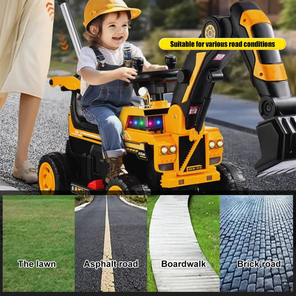 3-In-1 Toddler 6V Ride-On Push Car Kids 4WD Rechargeable Excavator with Fully Electric Digging Arm - Image 14