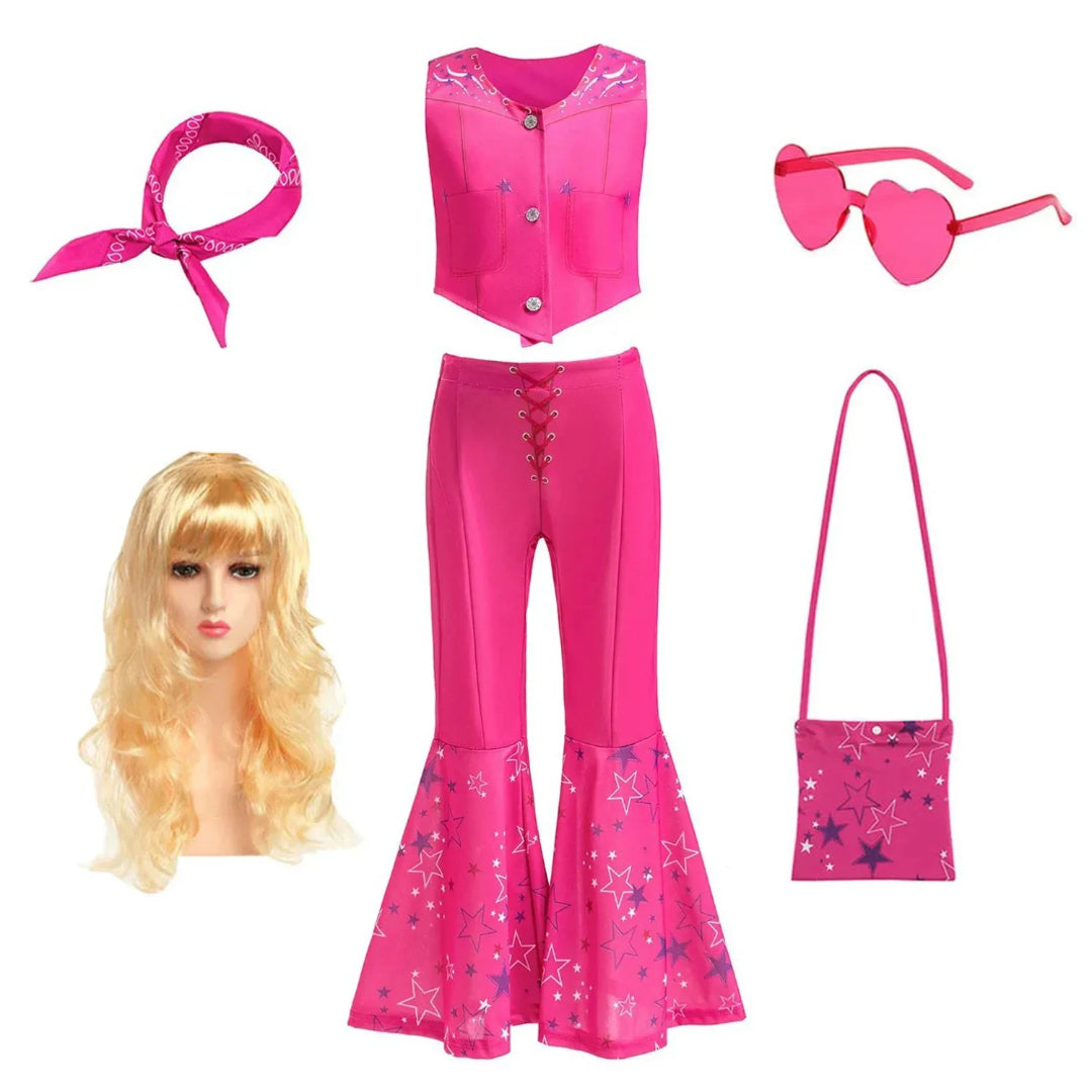 Halloween Costume Girls Pink Disco Outfit Cosplay Party Set