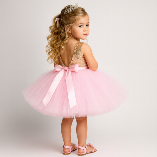 Girls Tulle Party Dress Sequin Top Bow Back