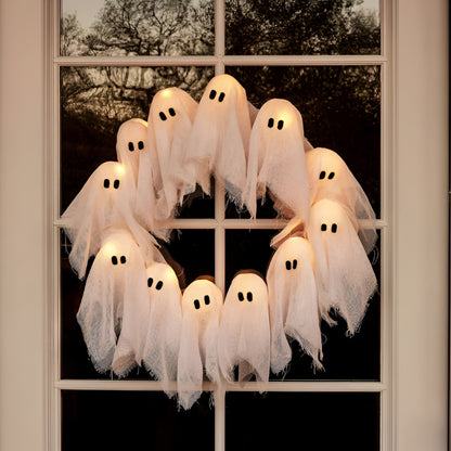 Halloween Wreath Lighted Ghost Front Door Hanging Decor