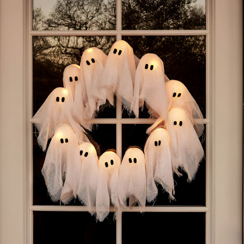 Halloween Wreath Lighted Ghost Front Door Hanging Decor