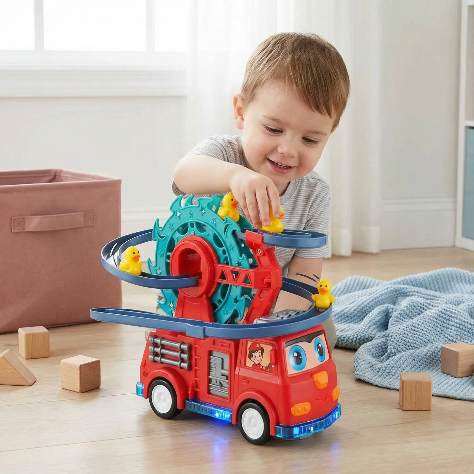 Kids Fire Truck Duck Climbing Race Track Toy 1