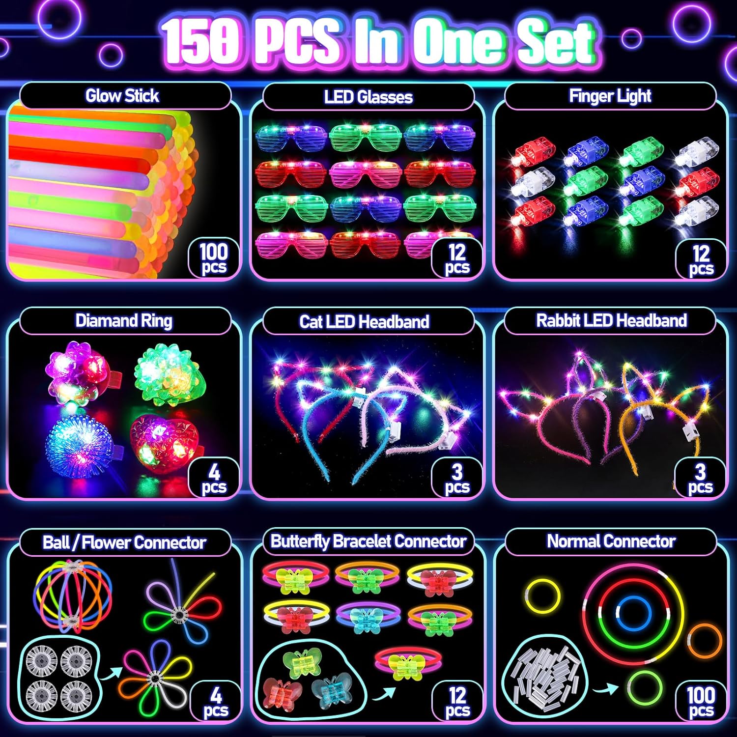 Kids Glow Sticks LED Glasses Party 150 Pieces Supplies Set 2