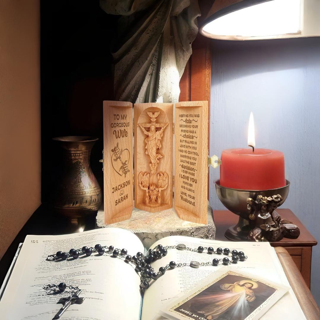 Sculpture Wooden Meeting Fate Choice Religious Openable Decor