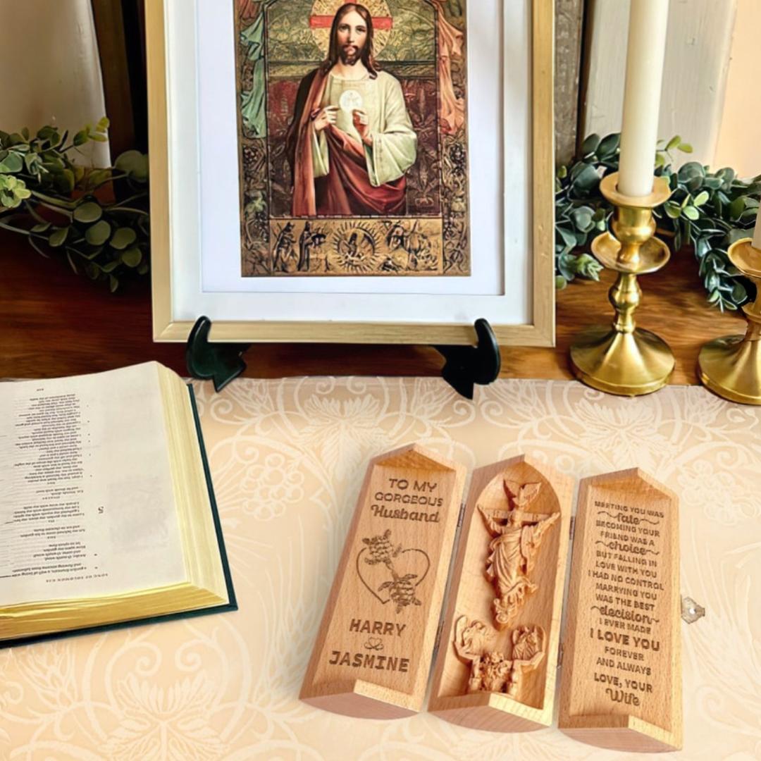 Sculpture Wooden Meeting Fate Choice Religious Openable Decor