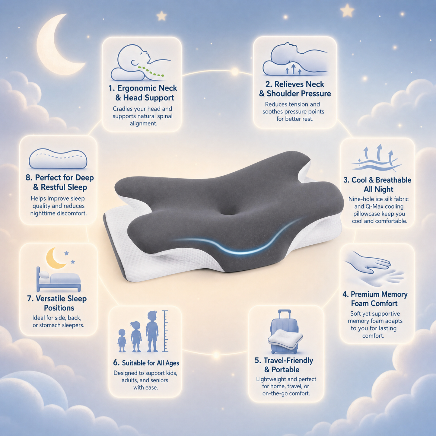 Kids Memory Foam Neck Pillow Ergonomic Cervical Support
