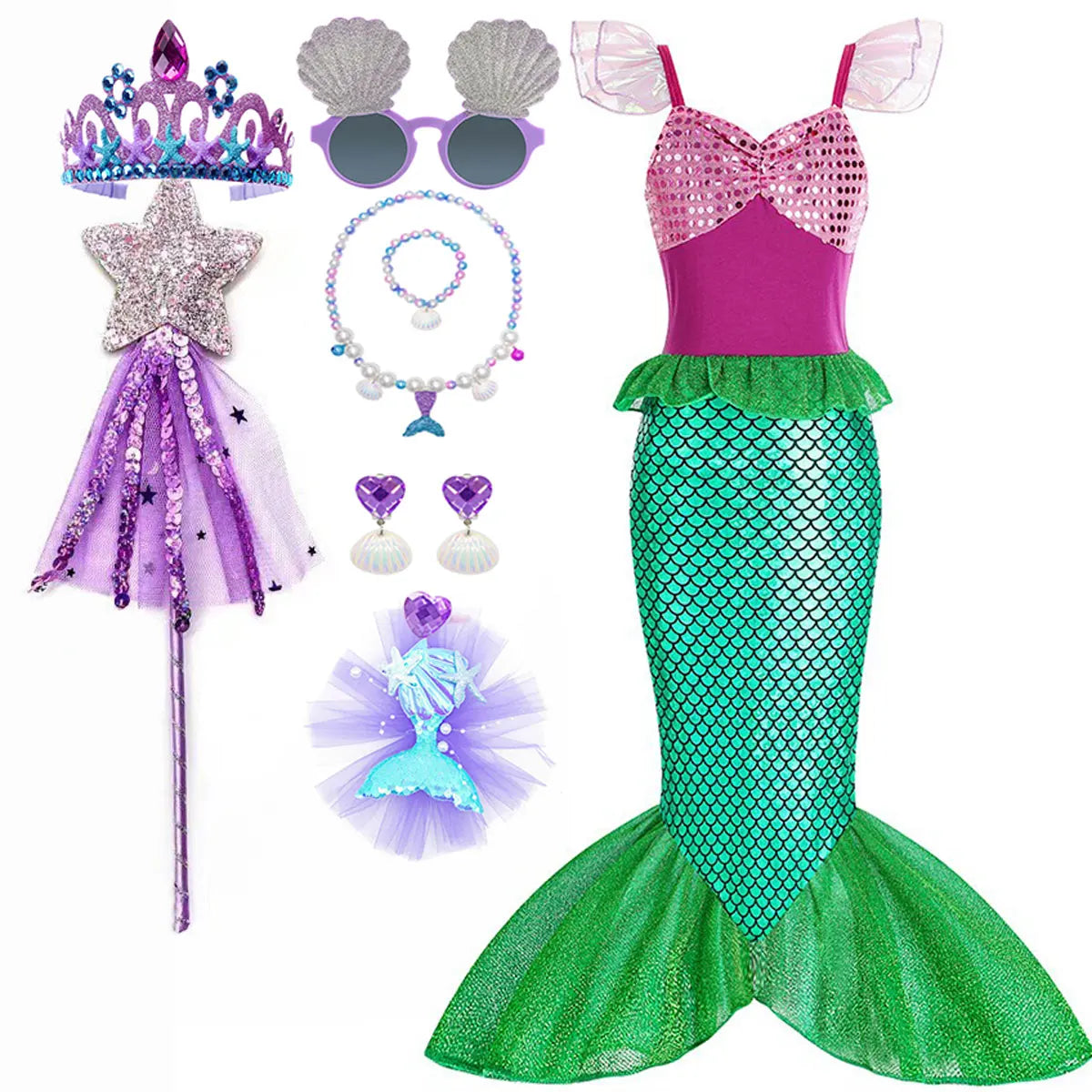 Halloween Costumes Girls Mermaid Dress Tail Outfit Kids Set