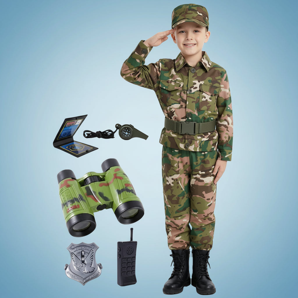 Disfraz de Soldado para Niños para Fiesta Infantil Disfraz de Ejército Camuflaje para Niños Set de Francotirador de Selva con Pistola, Brújula y Silbato