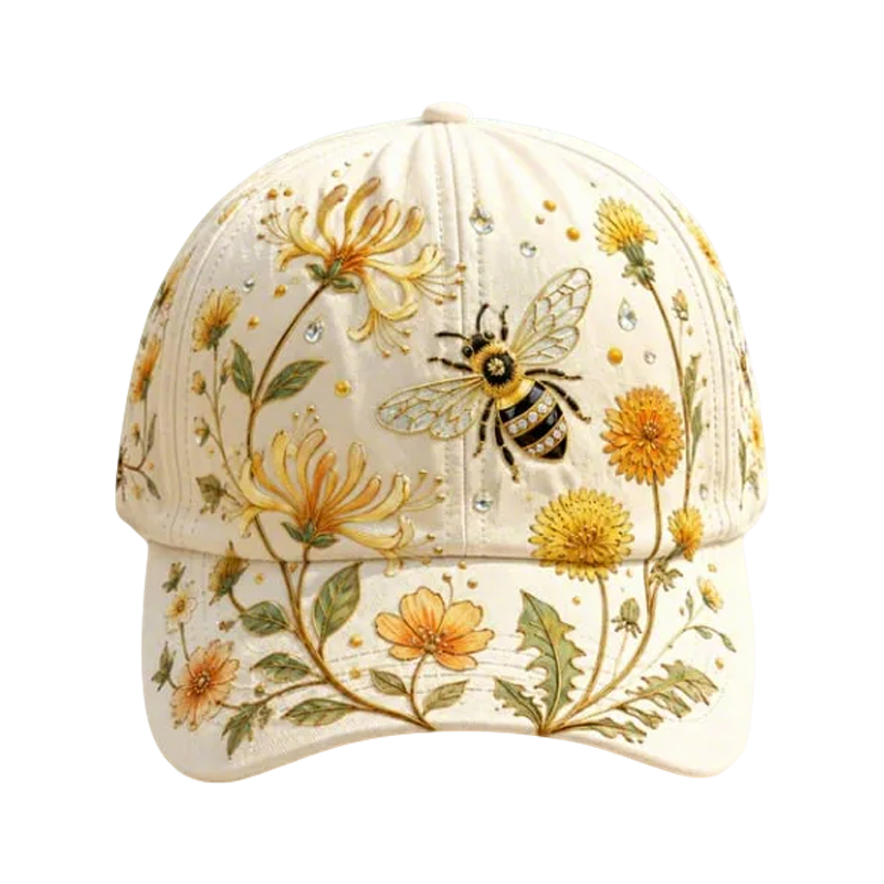 Embroidered Floral Baseball Cap and Bee Design - Image 2