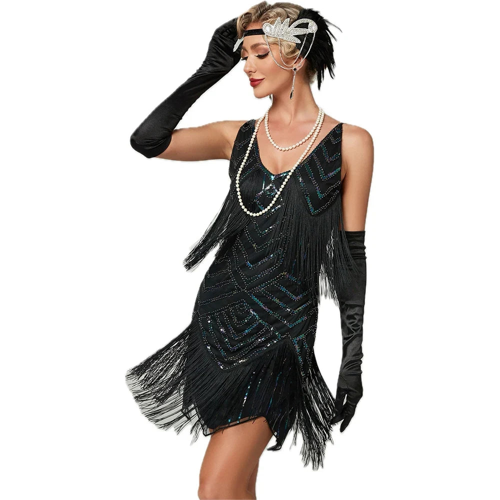 Halloween Costume Flapper Sequin Dress Fringe Gown - Image 7