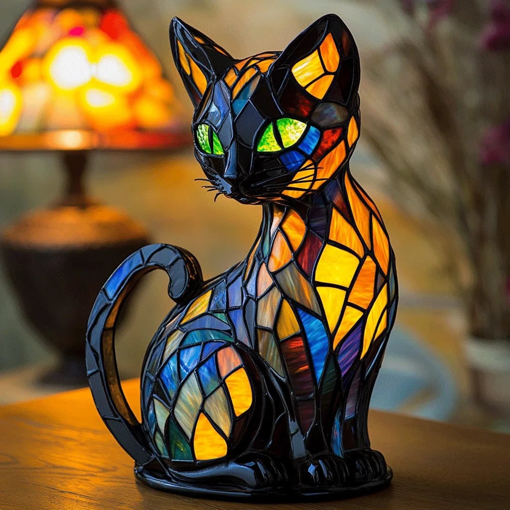 Stained Glass Cat Table Lamp Colorful Night Light - Image 2